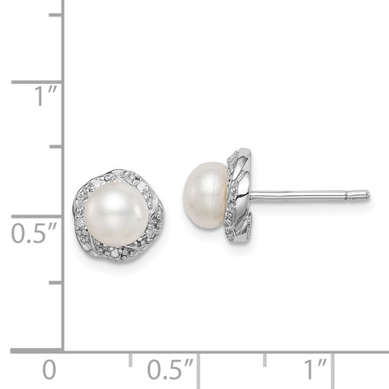 Sterling Silver Rhodium FW Cultured Pearl & Diamond Post Earrings
