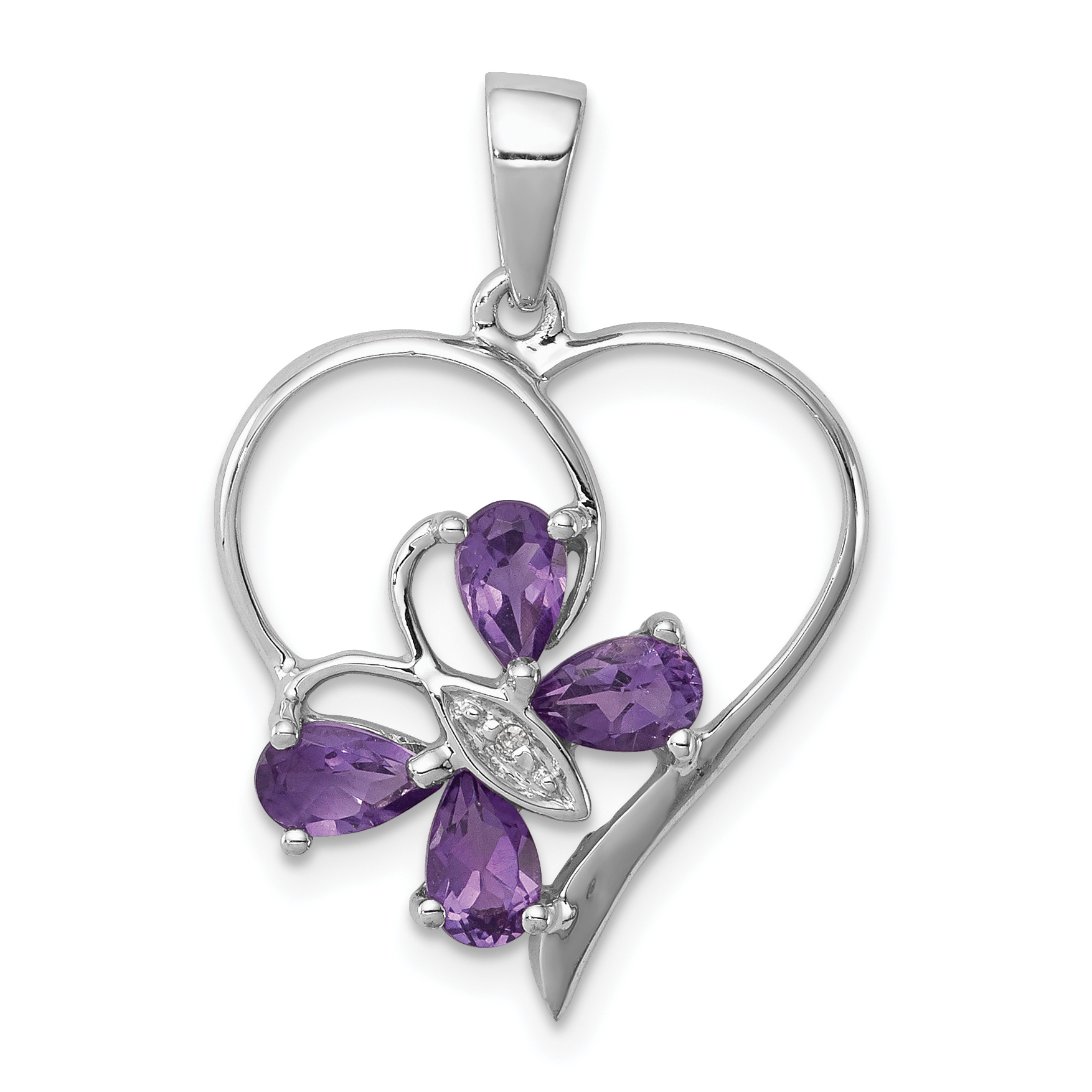 Sterling Silver RH Plated Amethyst and Diamond Butterfly Heart Pendant (QDX366)