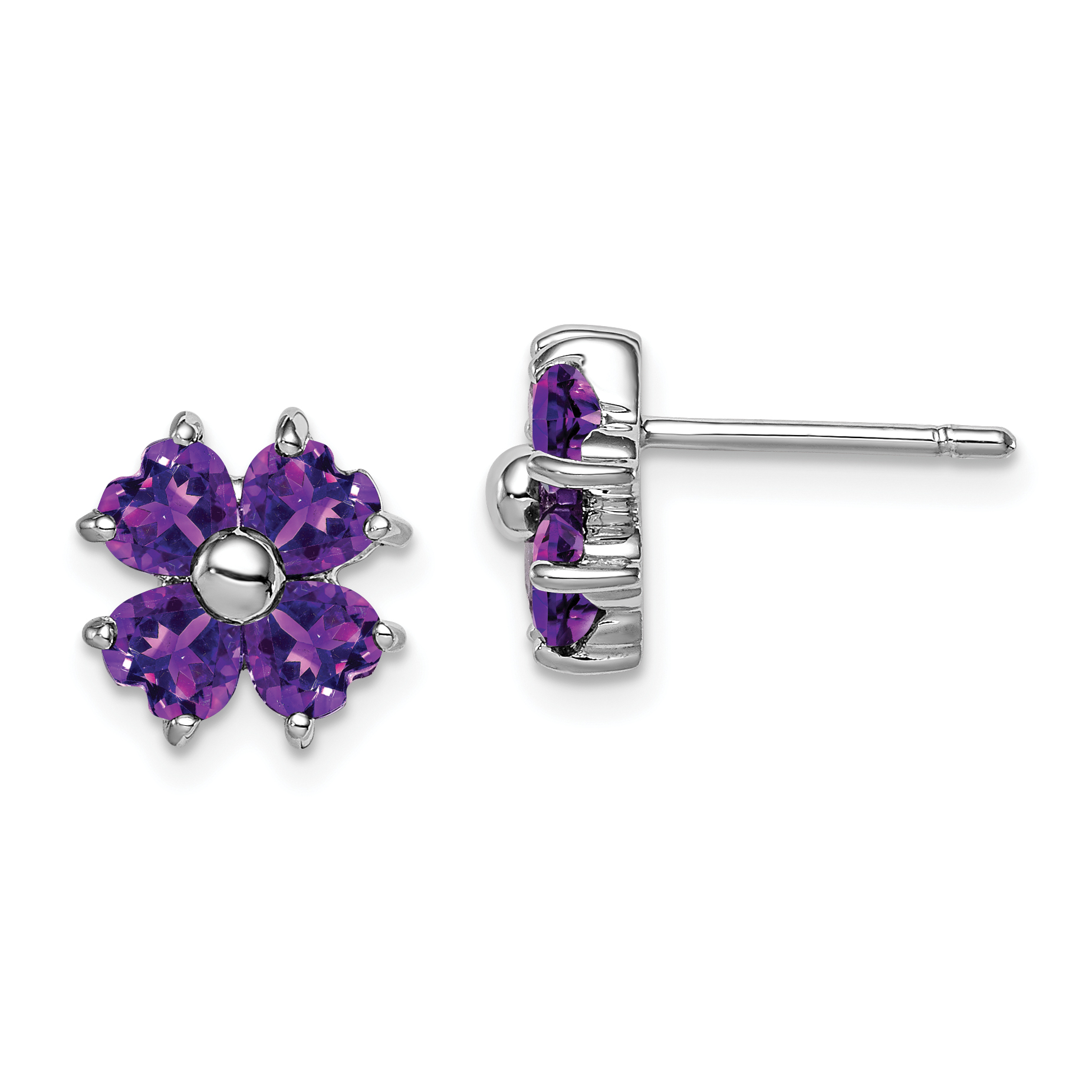 Sterling Silver Rhodium Plated Amethyst Flower Post Earrings (QDX367)