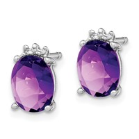 Sterling Silver Rhodium Plated Oval Amethyst and Diamond Post Earrings view 2