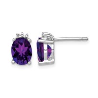 Sterling Silver Rhodium Plated Oval Amethyst and Diamond Post Earrings view 1