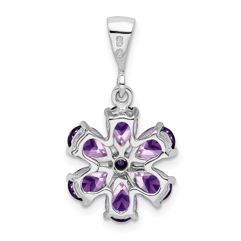 Sterling Silver Rhodium Plated Amethyst and Diamond Flower Pendant (QDX375)