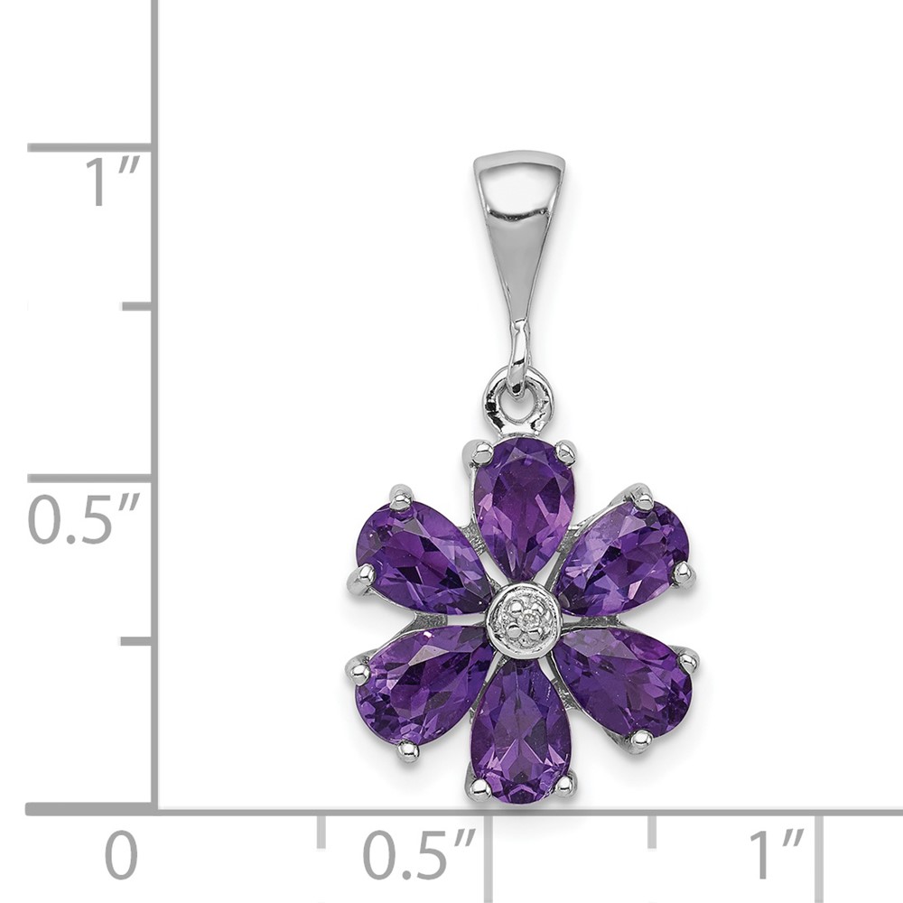 Sterling Silver Rhodium Plated Amethyst and Diamond Flower Pendant (QDX375)