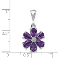 Sterling Silver Rhodium Plated Amethyst and Diamond Flower Pendant view 3