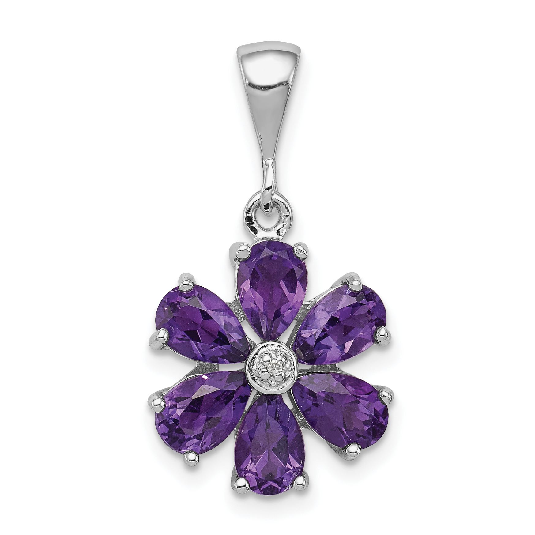 Sterling Silver Rhodium Plated Amethyst and Diamond Flower Pendant (QDX375)