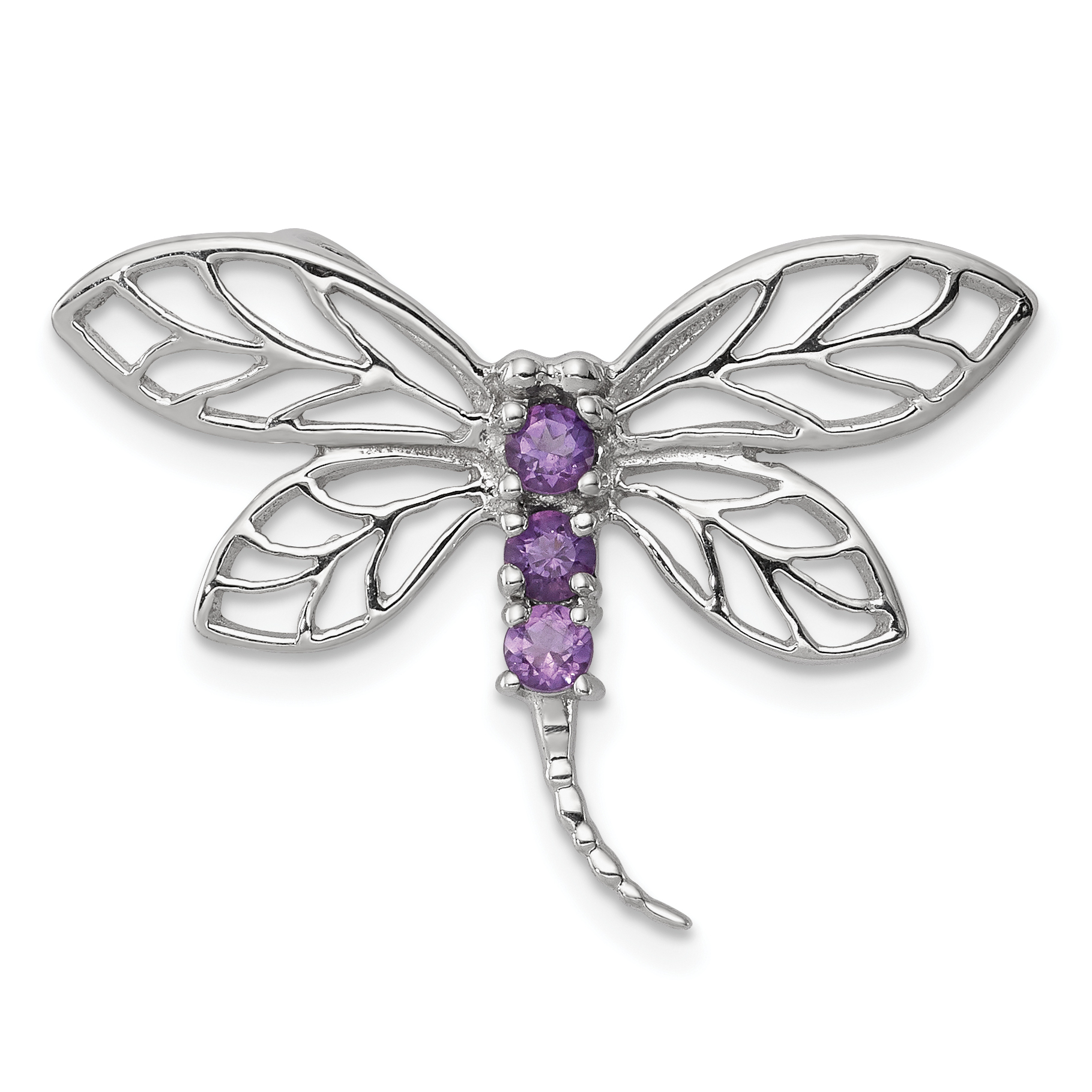 Sterling Silver Rhodium Amethyst Dragonfly Pendant (QDX376)