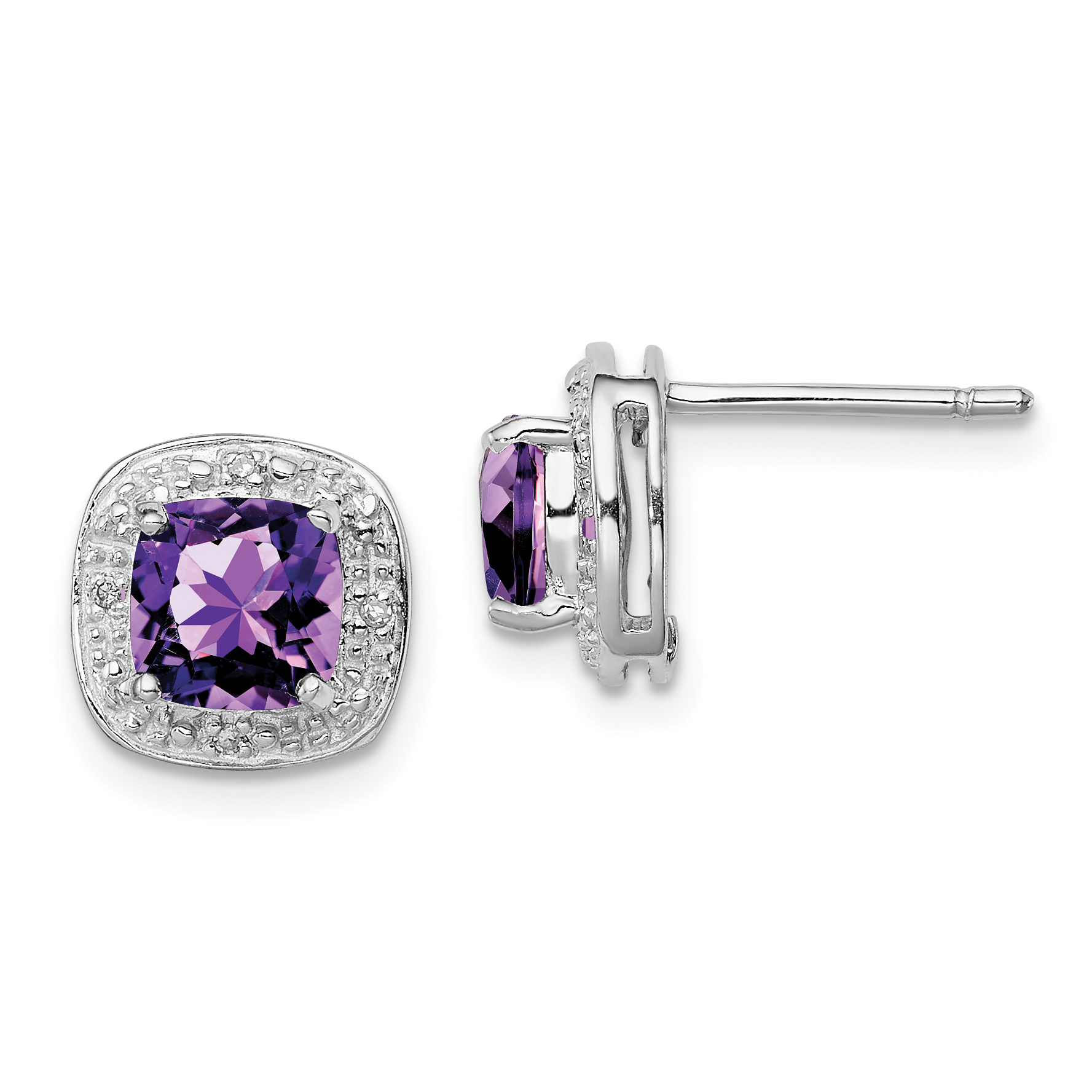 Sterling Silver Rhodium Plated Amethyst and Diamond Post Earrings (QDX379)