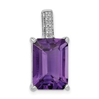 Sterling Silver Rhodium Emerald-cut Amethyst & Diamond Pendant view 1