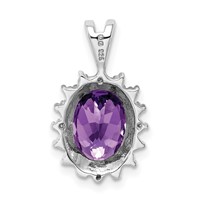 Sterling Silver Rhodium Plated Oval Amethyst and Diamond Pendant view 4