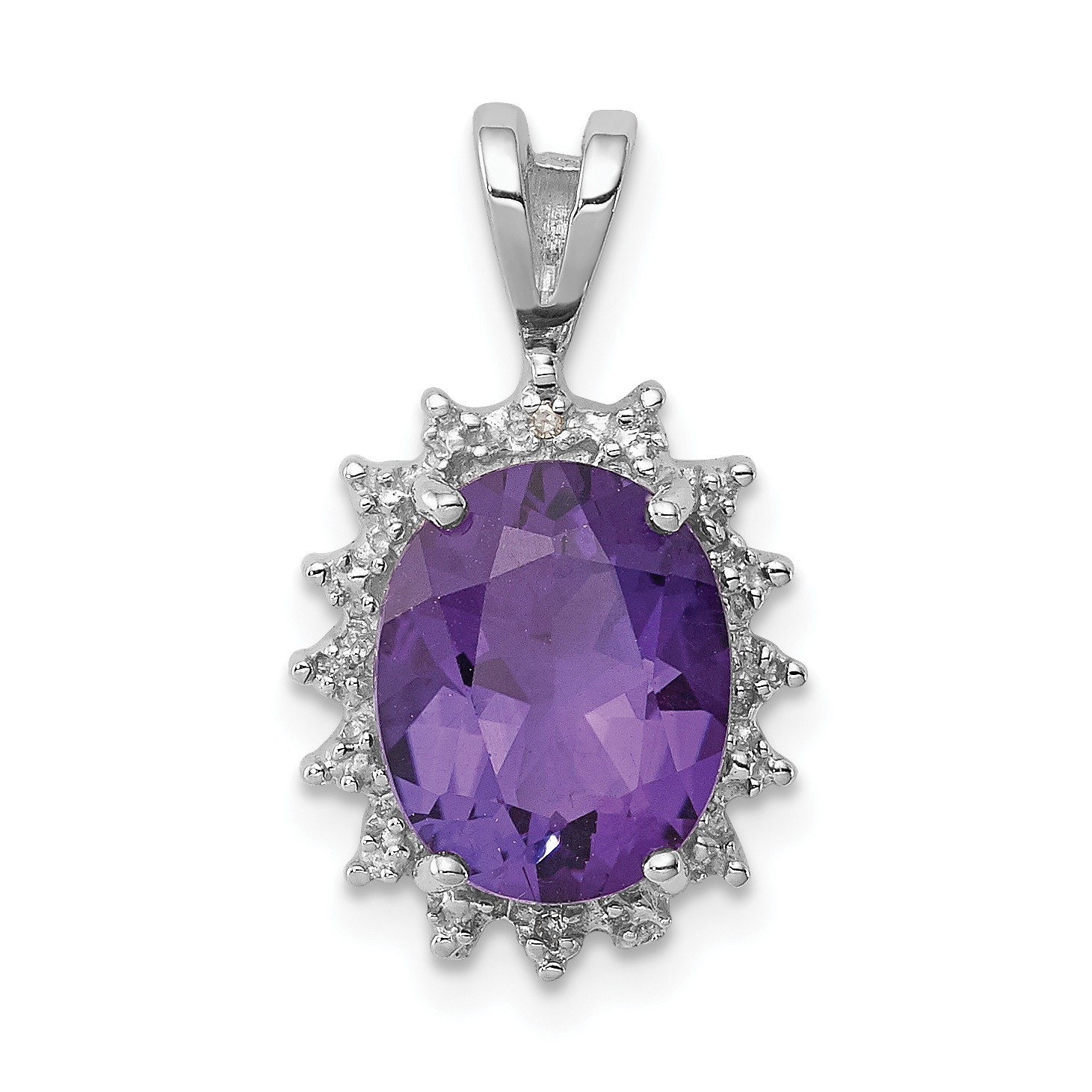 Sterling Silver Rhodium Plated Oval Amethyst and Diamond Pendant (QDX413)