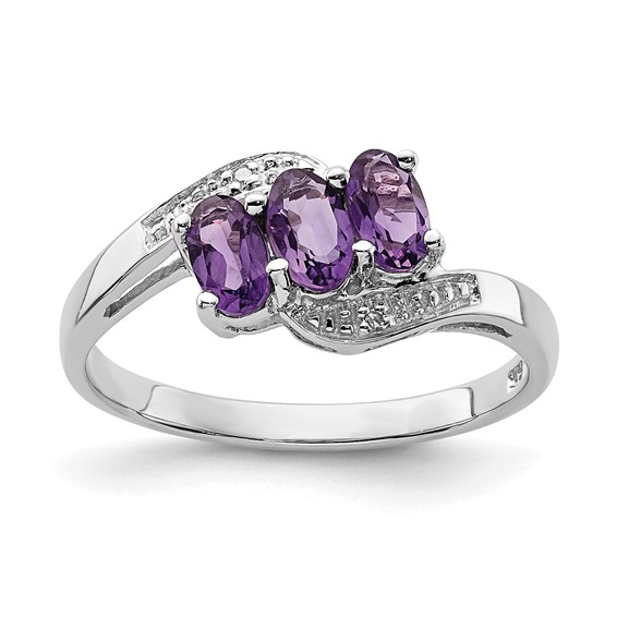 Sterling Silver Rhodium Gemstone and Diamond Ring                            