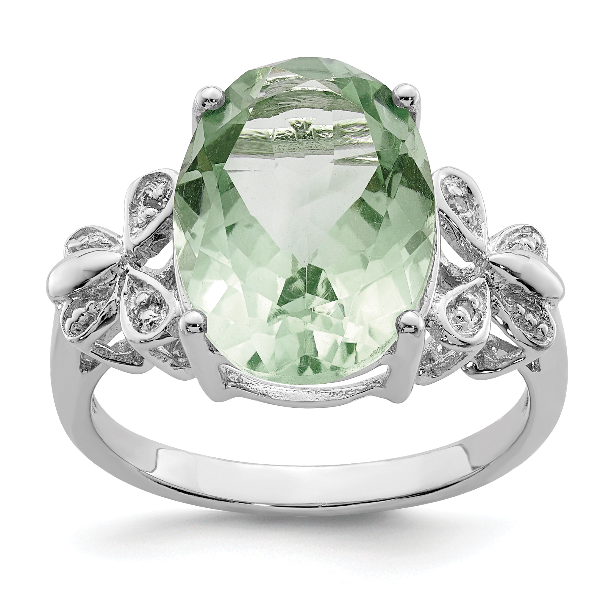 Sterling Silver Rhodium Green Quartz & Diamond Ring (QDX448-6)