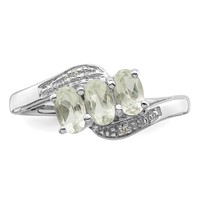 Sterling Silver Rhodium 3 Stone Green Quartz & Diamond Ring view 5