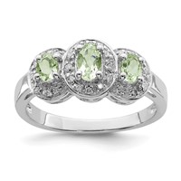 Sterling Silver Rhodium 3 Stone Green Quartz & Diamond Ring view 1