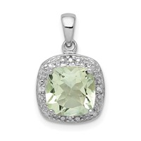 Sterling Silver Rhodium Plated Green Quartz and Diamond Pendant view 1