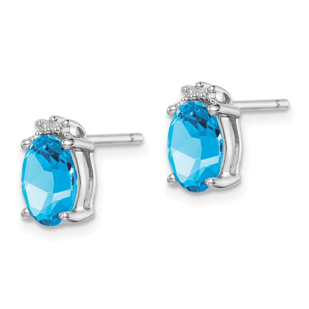 Sterling Silver Rhodium Plated Oval Blue Topaz and Diamond Post Earrings (QDX507)