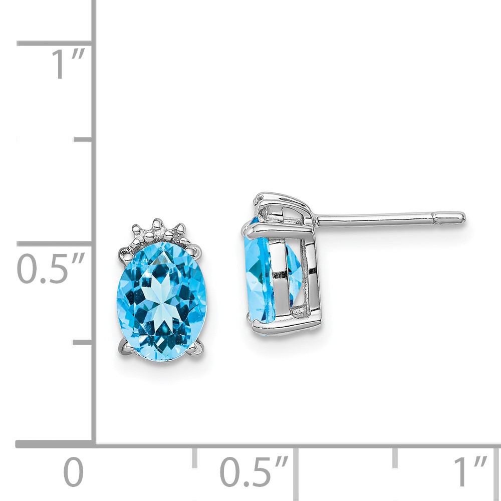 Sterling Silver Rhodium Plated Oval Blue Topaz and Diamond Post Earrings (QDX507)