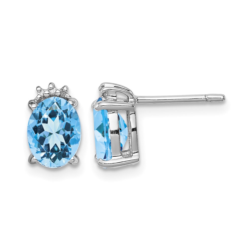Sterling Silver Rhodium Plated Oval Blue Topaz and Diamond Post Earrings (QDX507)