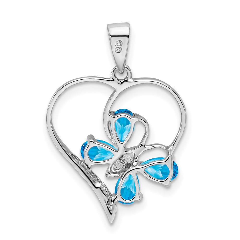 Sterling Silver Rhodium SW Blue Topaz & Diamond Butterfly Heart Pendant (QDX510)