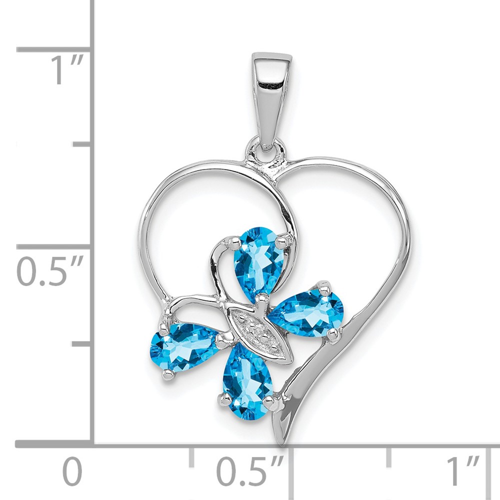 Sterling Silver Rhodium SW Blue Topaz & Diamond Butterfly Heart Pendant (QDX510)