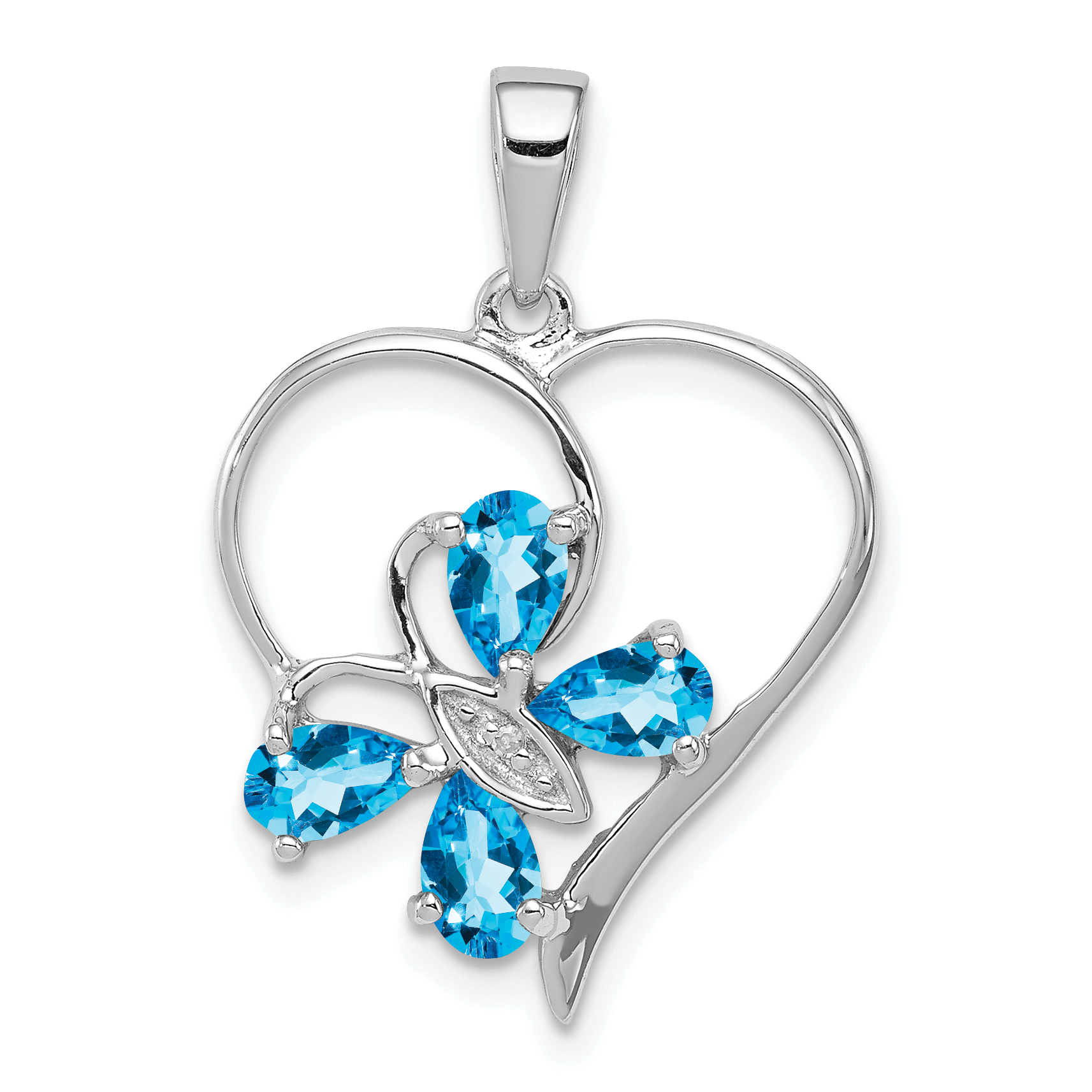 Sterling Silver Rhodium SW Blue Topaz & Diamond Butterfly Heart Pendant (QDX510)