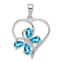 Sterling Silver Rhodium SW Blue Topaz & Diamond Butterfly Heart Pendant view 1