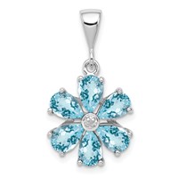 Sterling Silver Rhodium Light Swiss Blue Topaz & Diamond Flower Pendant view 1