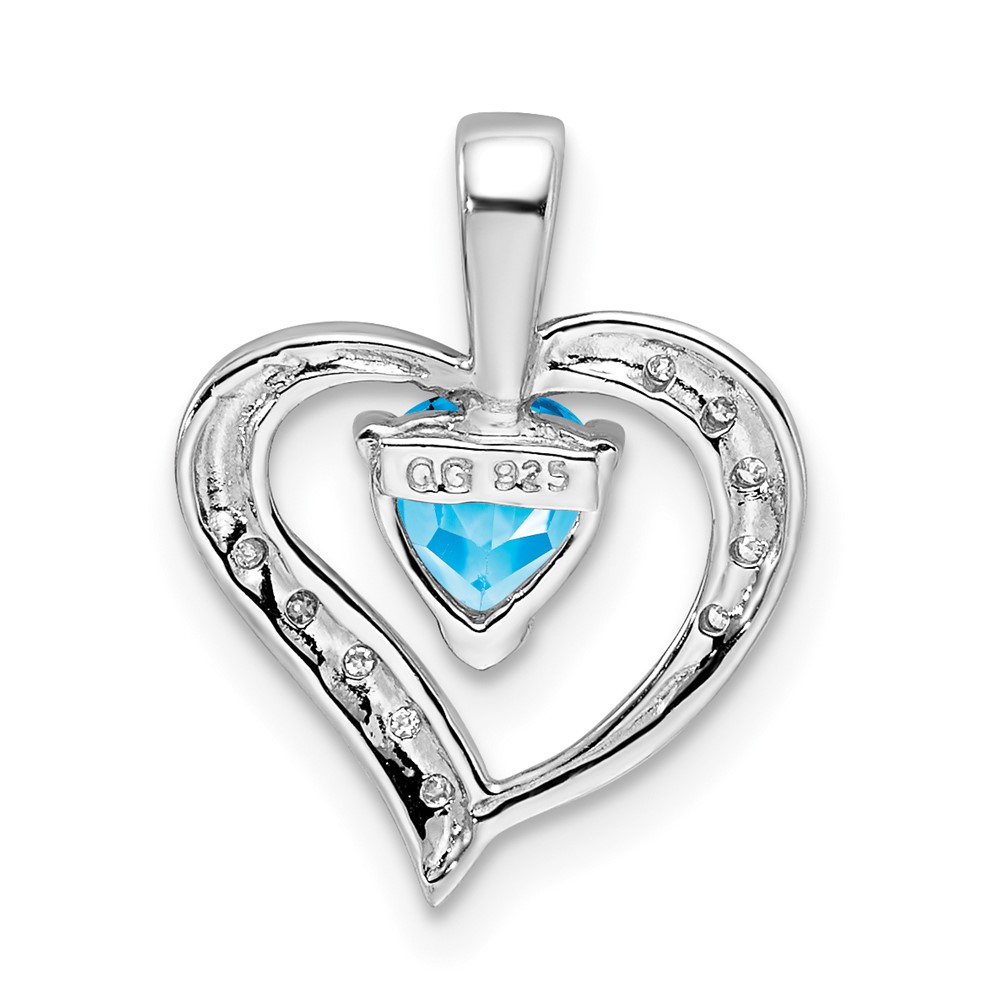 Sterling Silver Rhodium Heart Swiss Blue Topaz & Diamond Heart Pendant (QDX556)
