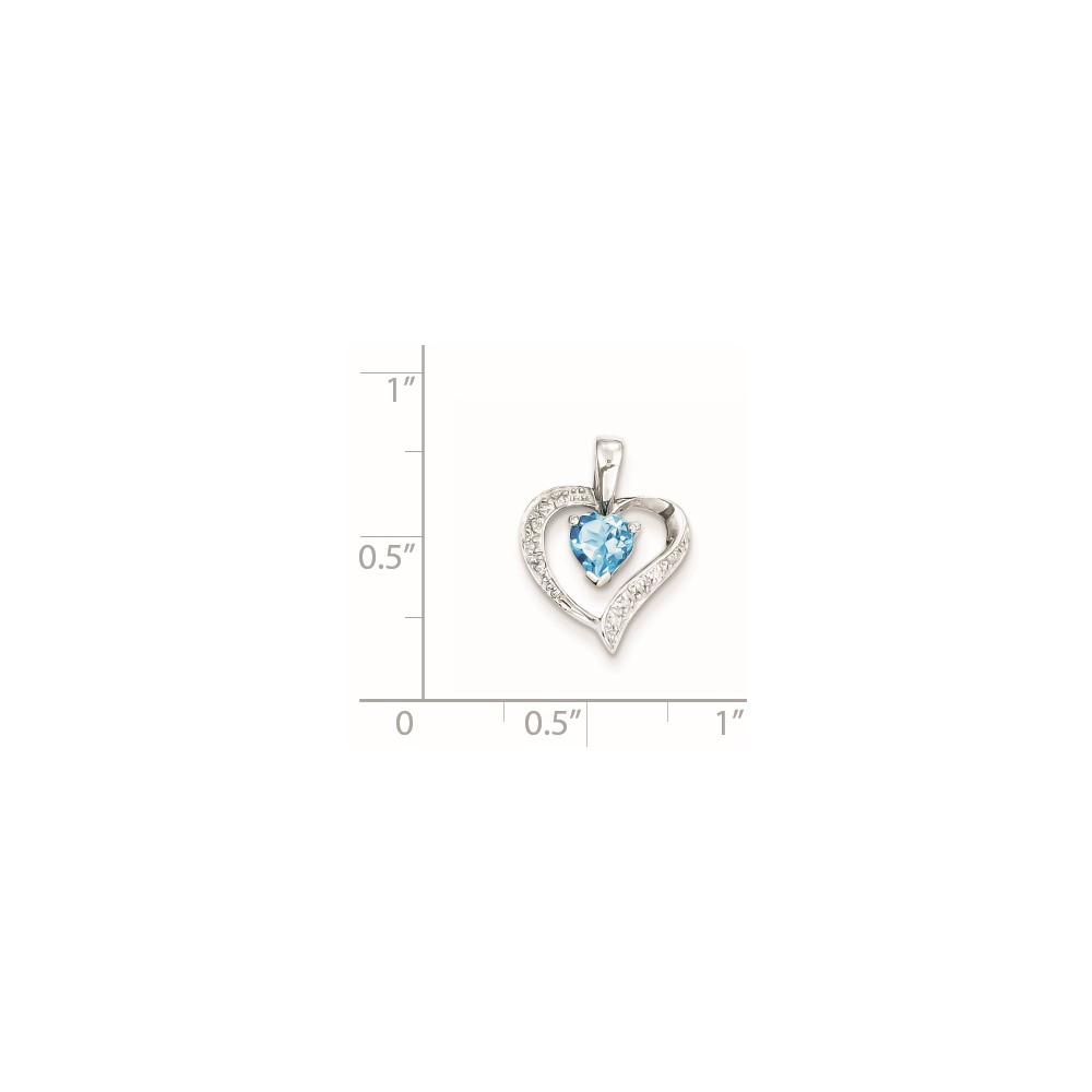Sterling Silver Rhodium Heart Swiss Blue Topaz & Diamond Heart Pendant (QDX556)