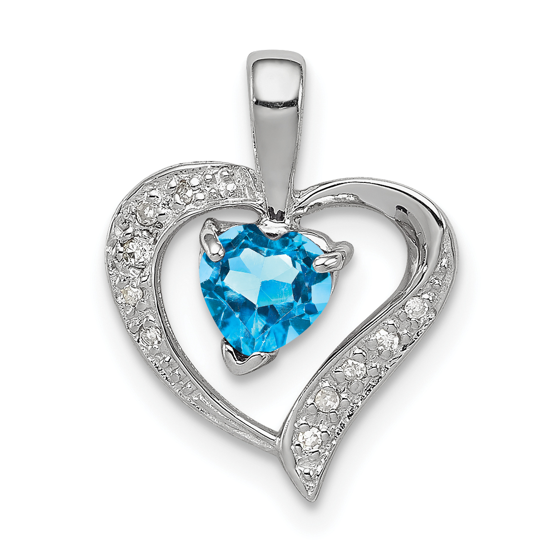 Sterling Silver Rhodium Heart Swiss Blue Topaz & Diamond Heart Pendant (QDX556)