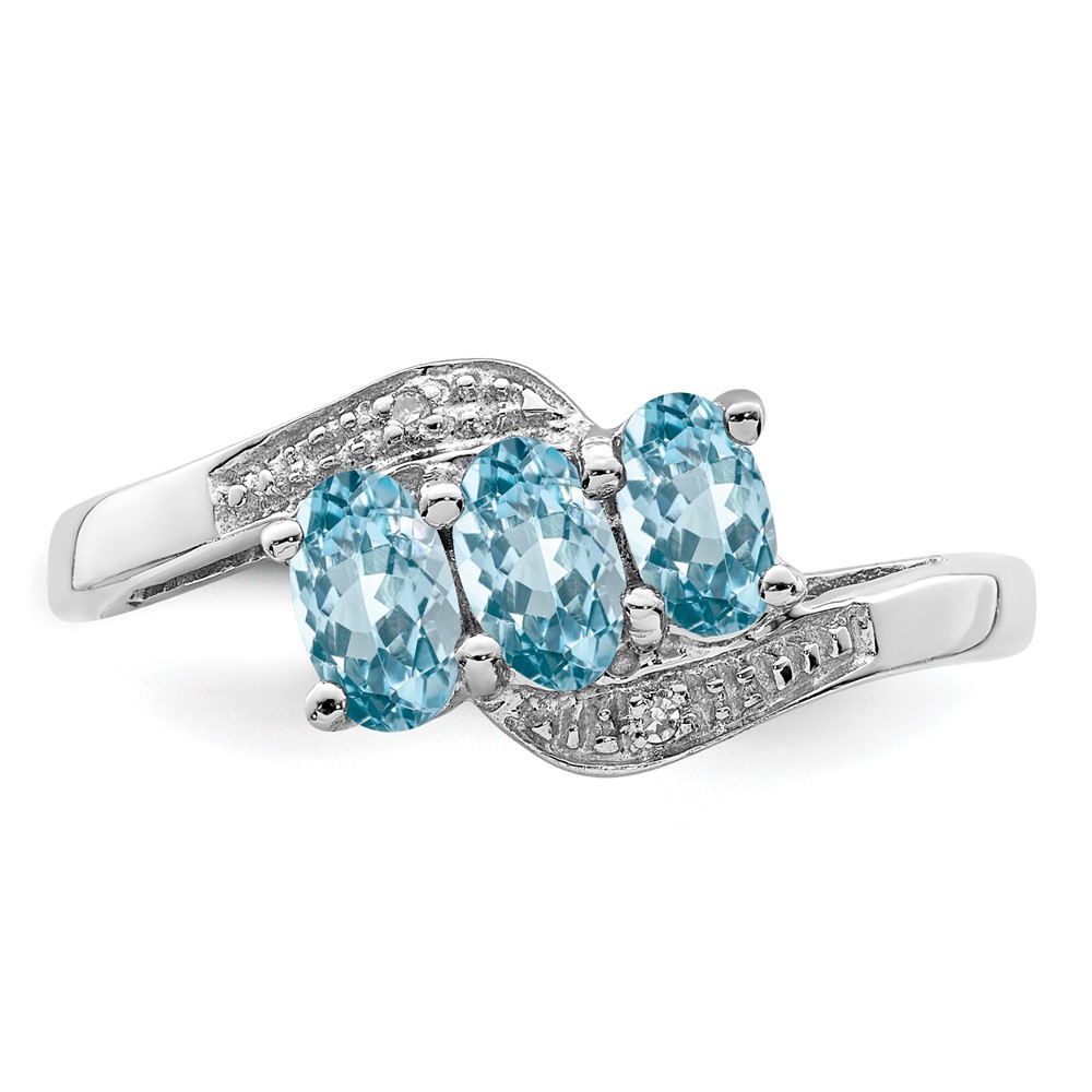 Sterling Silver Rhodium 3 Stone Light Swiss Blue Topaz & Diamond Ring (QDX564-7)