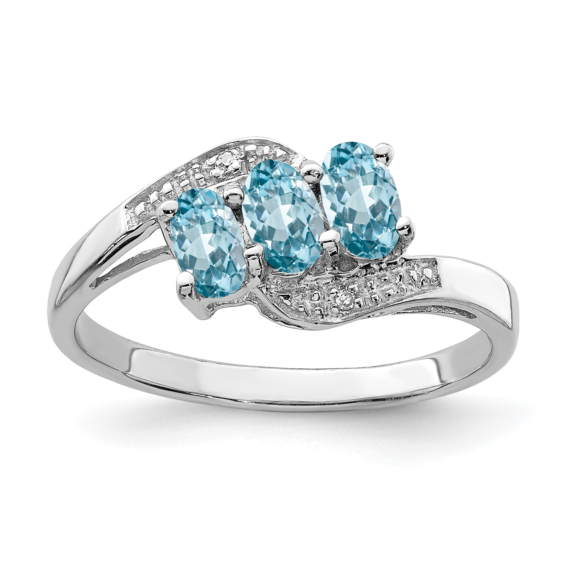 Sterling Silver Rhodium 3 Stone Light Swiss Blue Topaz & Diamond Ring (QDX564-7)