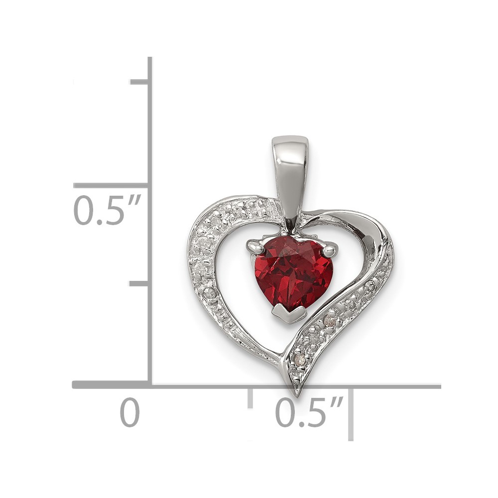Sterling Silver Rhodium Heart Garnet & Diamond Heart Pendant (QDX582)