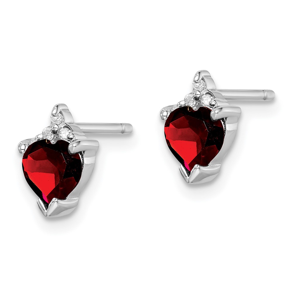Sterling Silver Rhodium Plated Heart Garnet and Diamond Post Earrings (QDX585)