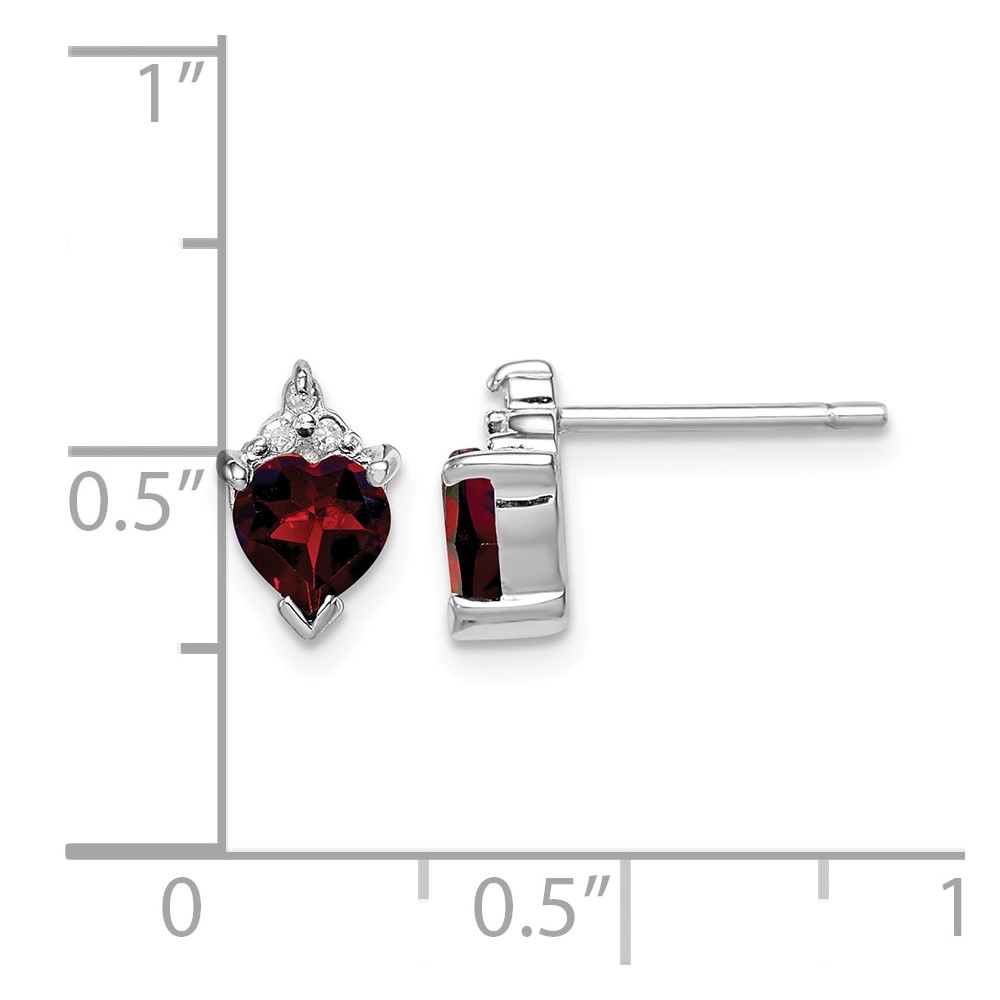 Sterling Silver Rhodium Plated Heart Garnet and Diamond Post Earrings (QDX585)