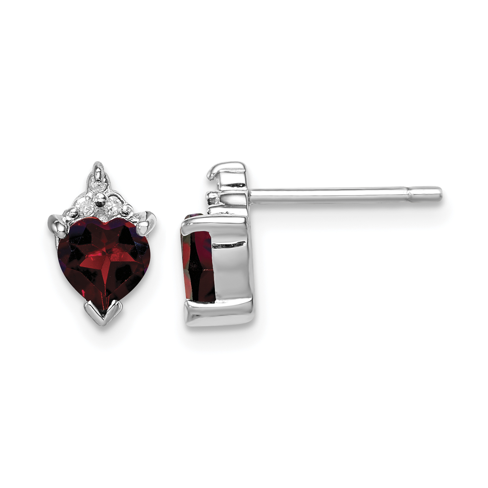 Sterling Silver Rhodium Plated Heart Garnet and Diamond Post Earrings (QDX585)