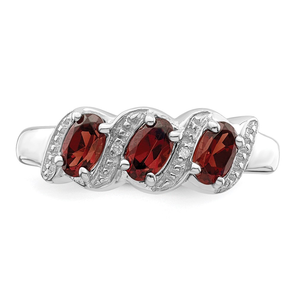 Sterling Silver Rhodium-plated 3 Stone Garnet & Diamond Ring (QDX589-7)