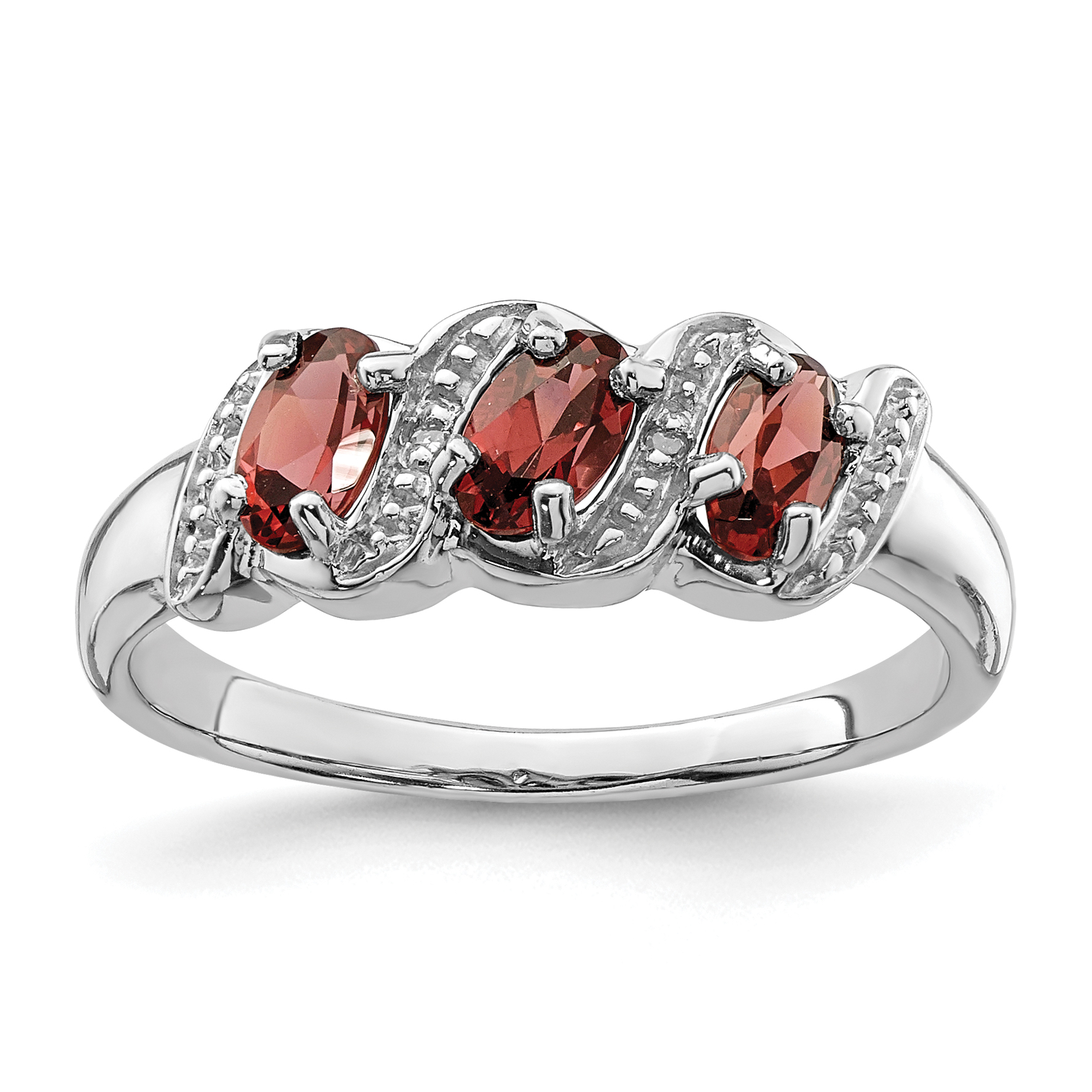 Sterling Silver Rhodium-plated 3 Stone Garnet & Diamond Ring (QDX589-6)