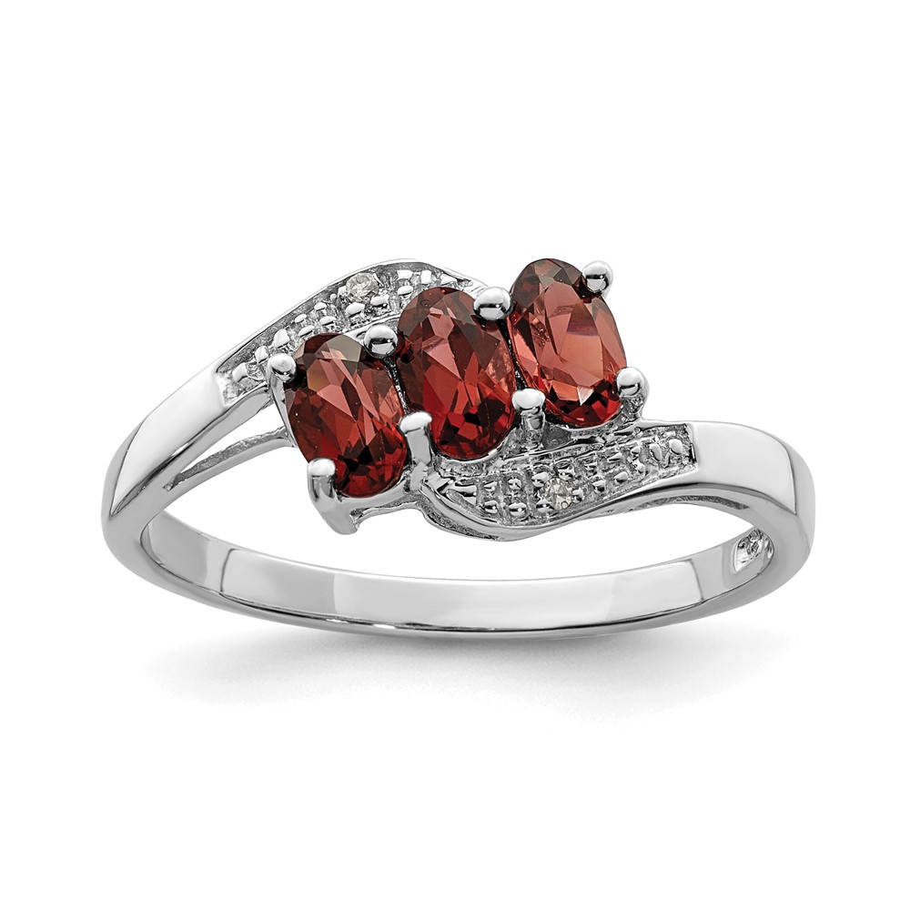 Sterling Silver Rhodium-plated 3 Stone Garnet & Diamond Ring (QDX590-6)
