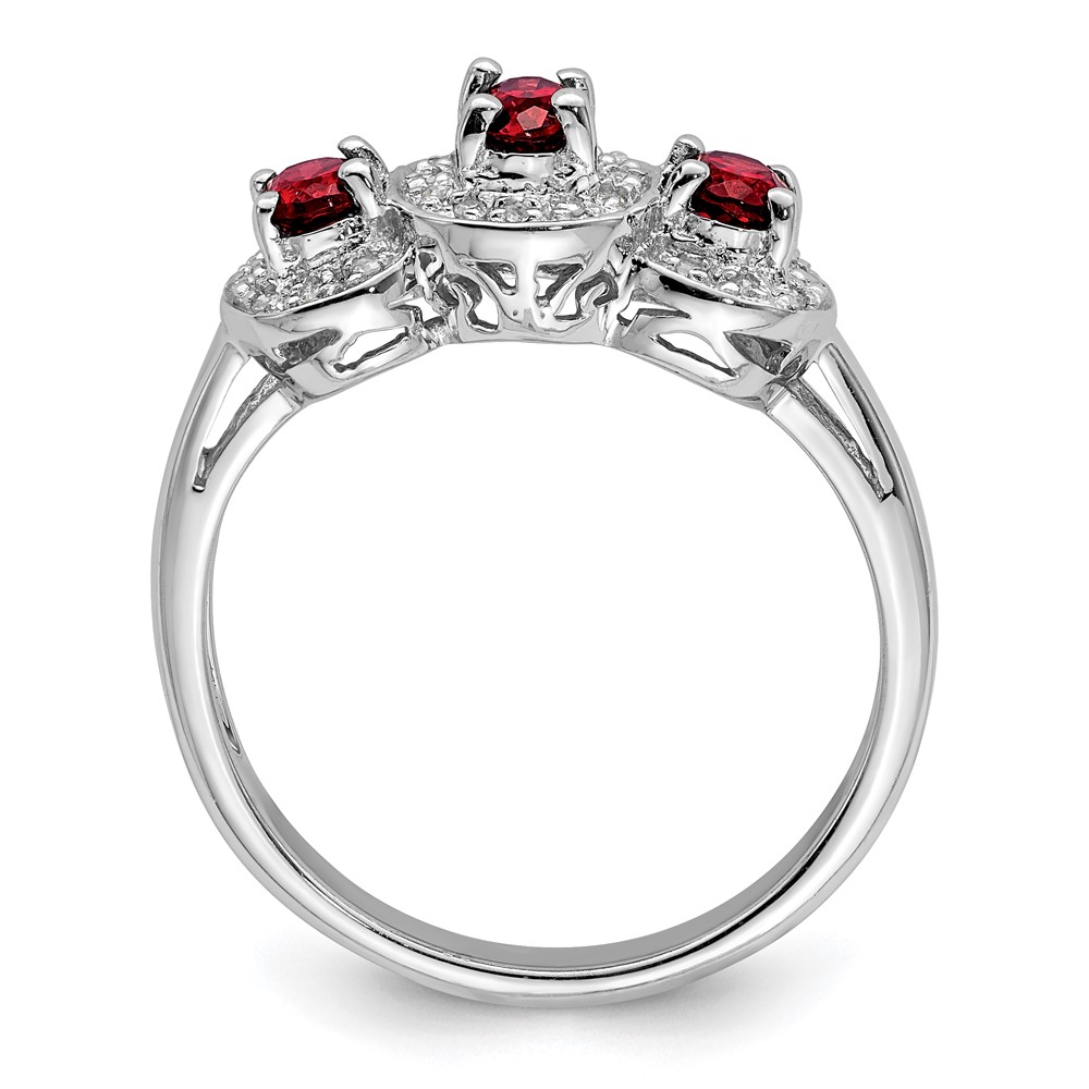Sterling Silver Rhodium-plated 3 Stone Garnet & Diamond Ring (QDX595-8)