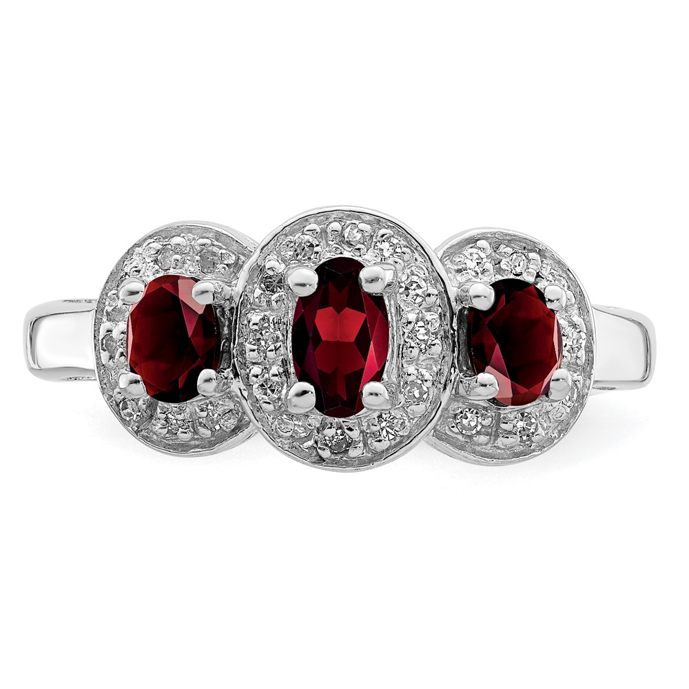 Sterling Silver Rhodium-plated 3 Stone Garnet & Diamond Ring (QDX595-8)
