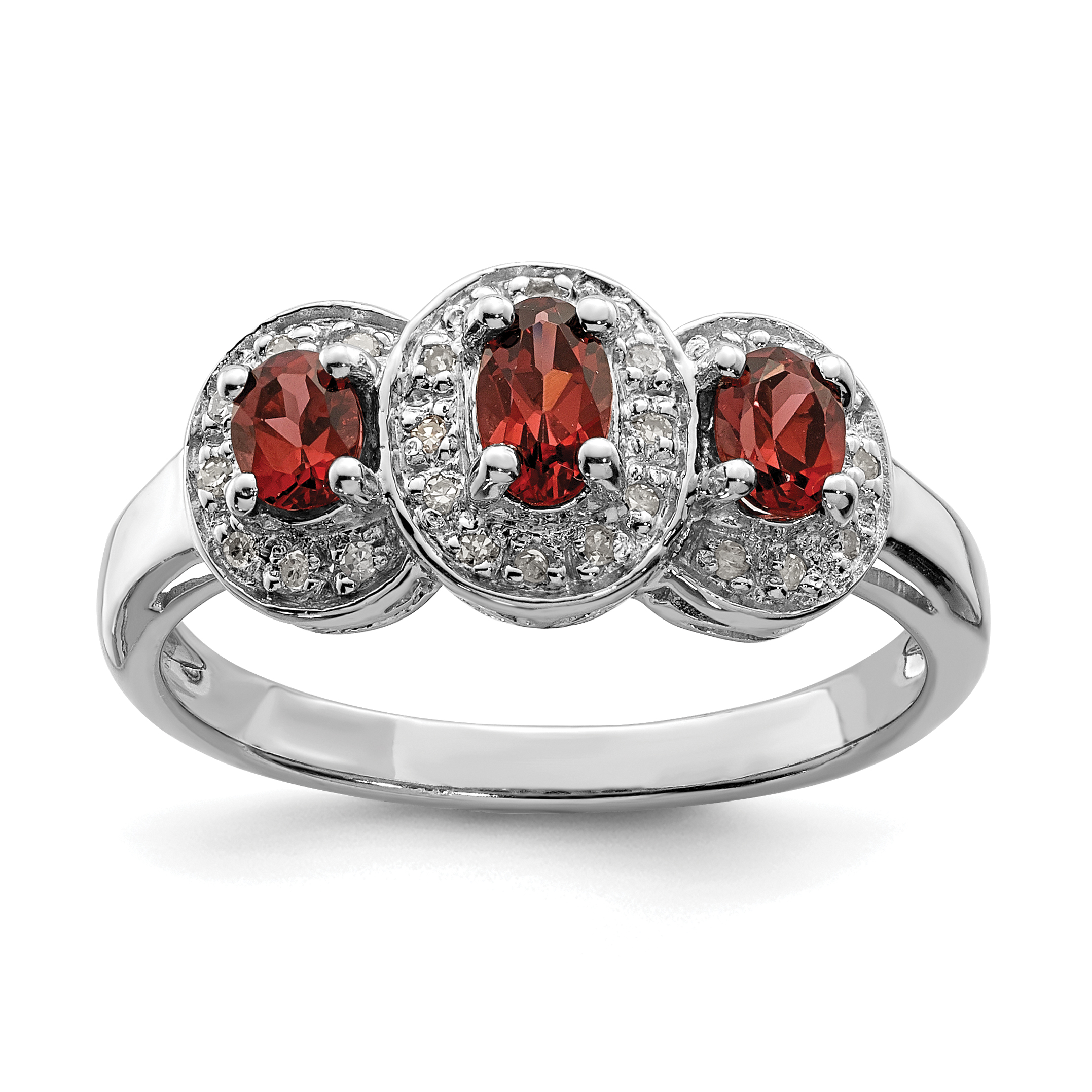 Sterling Silver Rhodium-plated 3 Stone Garnet & Diamond Ring (QDX595-7)