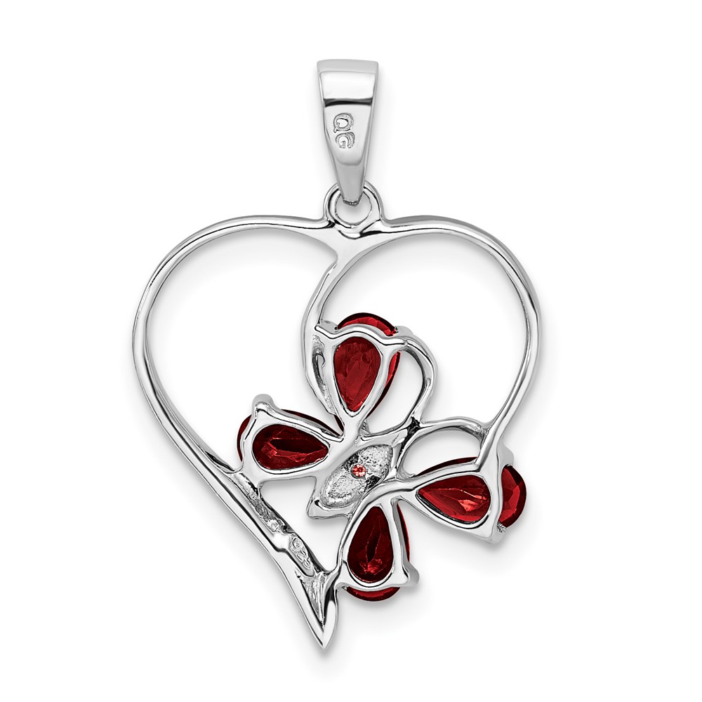 Sterling Silver Rhodium Garnet & Diamond Butterfly Heart Pendant (QDX611)