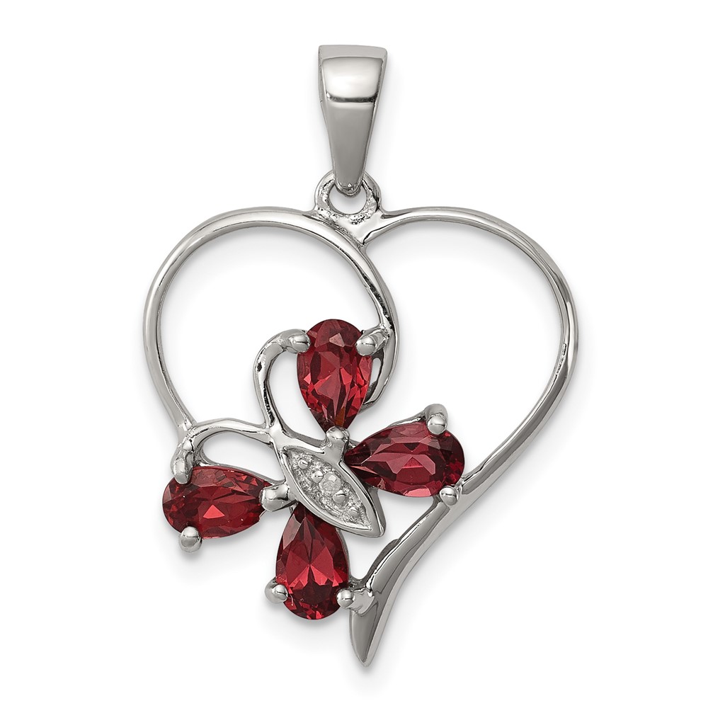 Sterling Silver Rhodium Garnet & Diamond Butterfly Heart Pendant (QDX611)