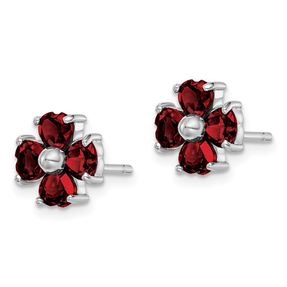 Sterling Silver Rhodium Plated Garnet Flower Post Earrings (QDX612)