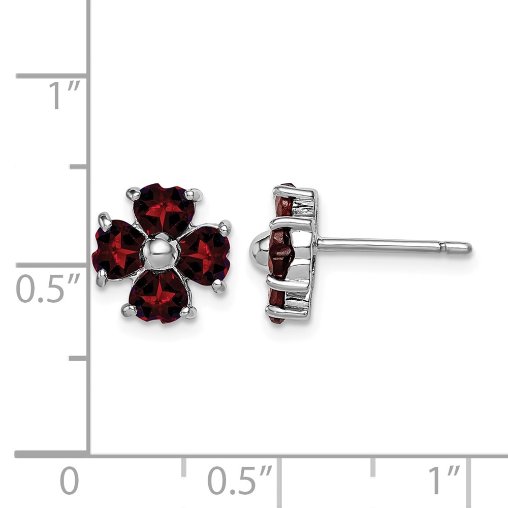 Sterling Silver Rhodium Plated Garnet Flower Post Earrings (QDX612)