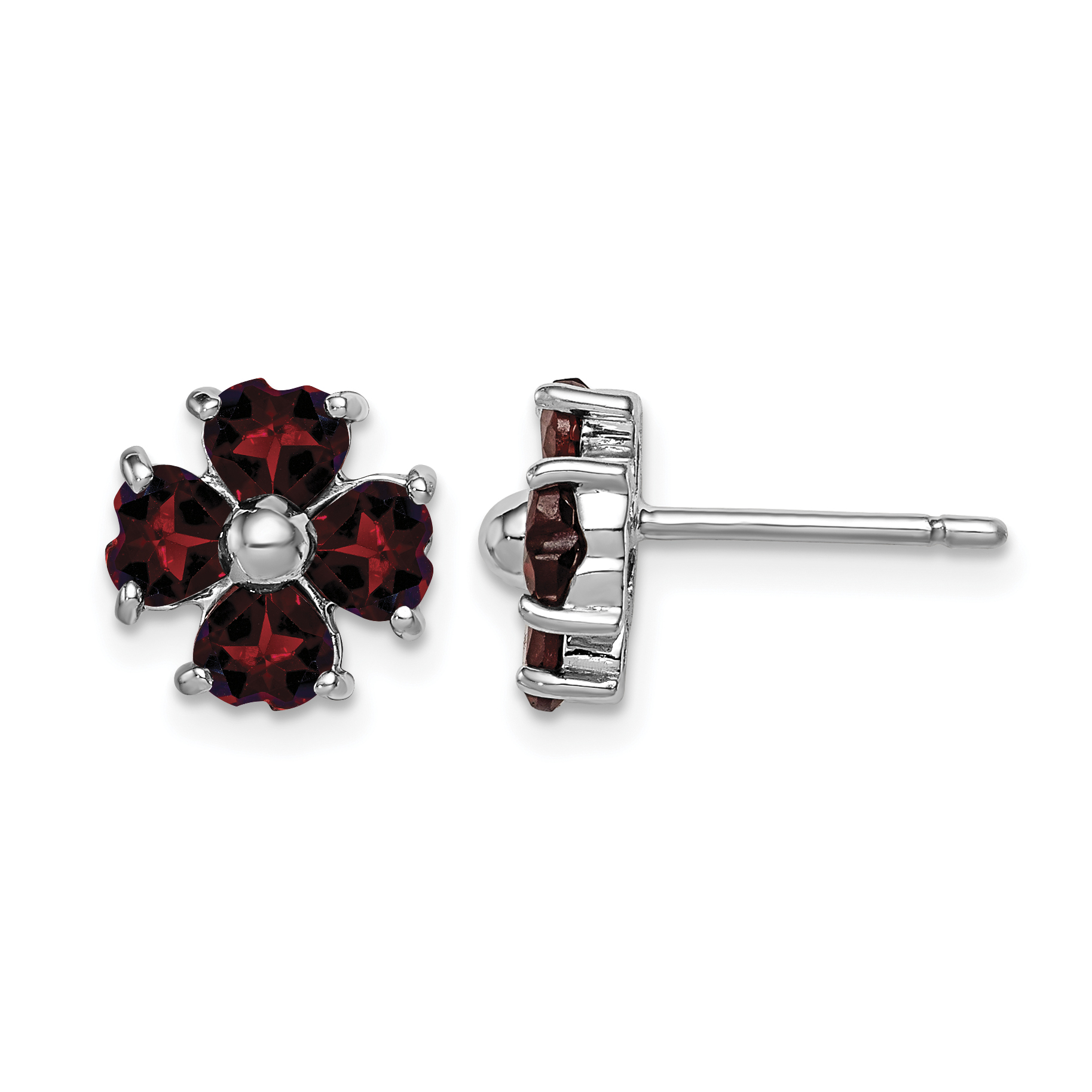 Sterling Silver Rhodium Plated Garnet Flower Post Earrings (QDX612)