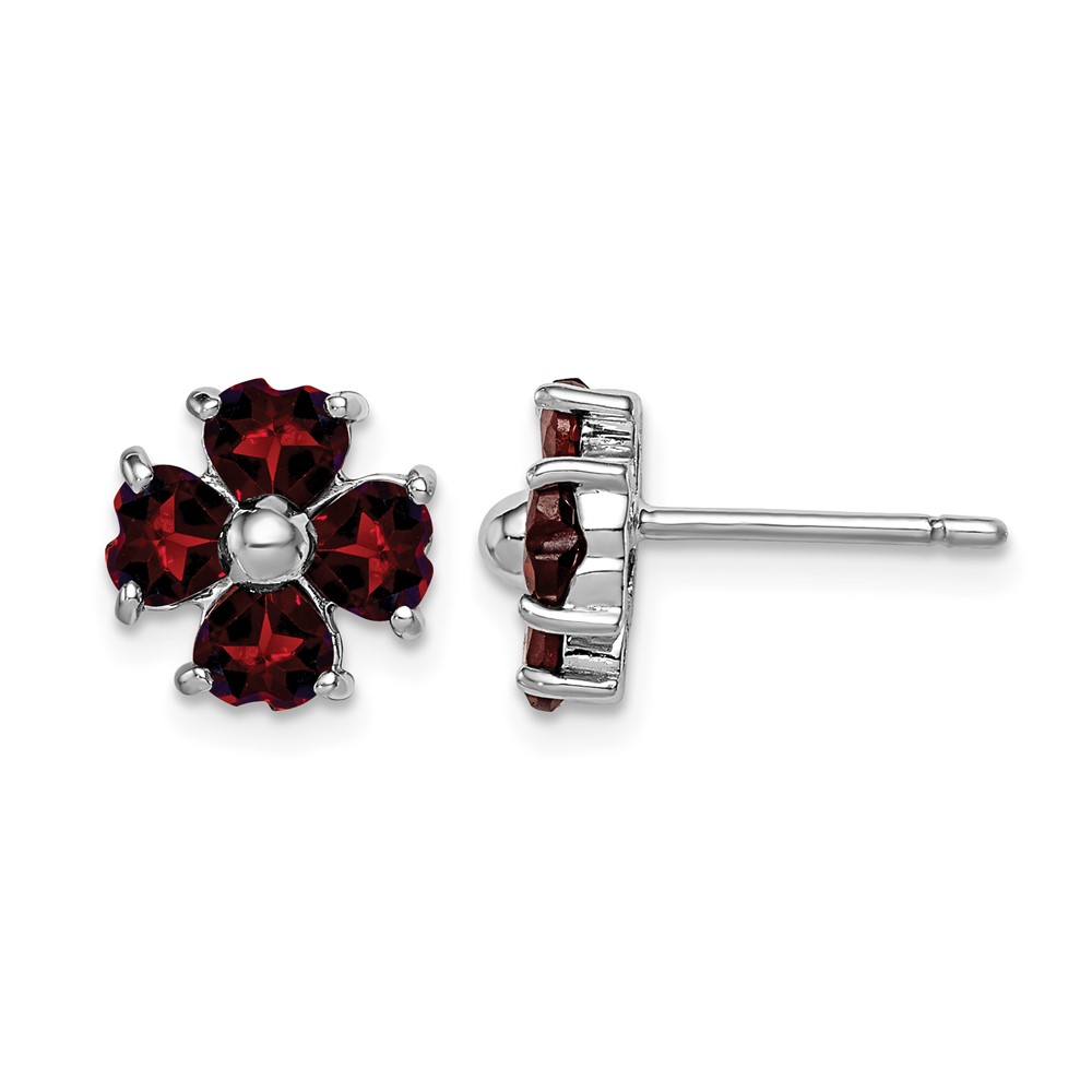 Sterling Silver Rhodium Plated Garnet Flower Post Earrings (QDX612)