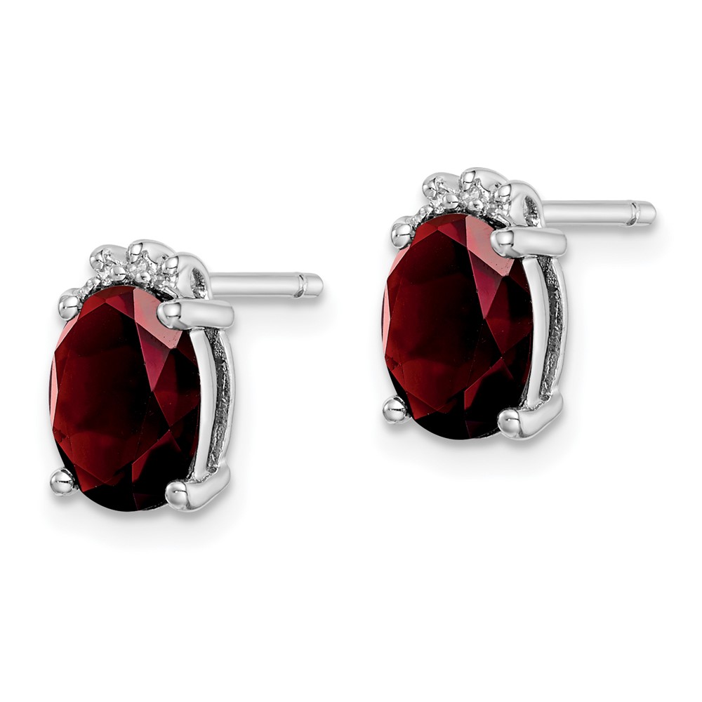 Sterling Silver Rhodium Plated Oval Garnet and Diamond Post Earrings (QDX613)