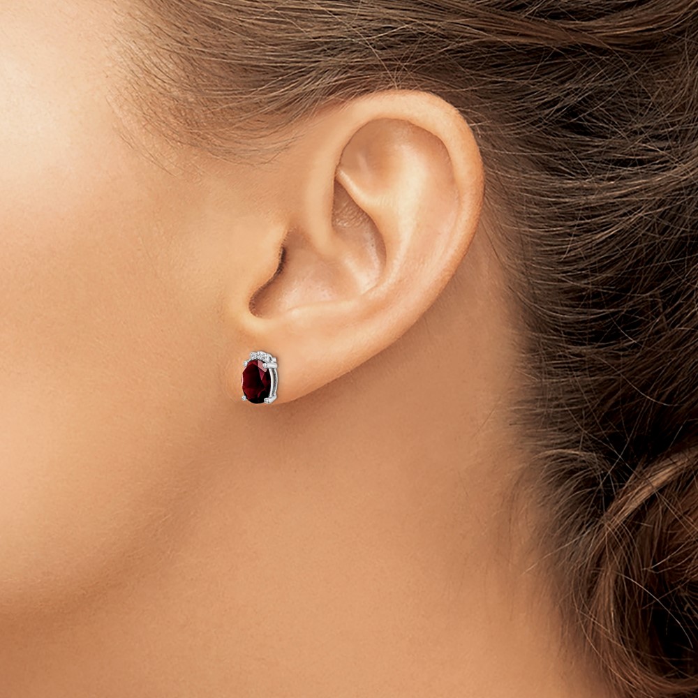 Sterling Silver Rhodium Plated Oval Garnet and Diamond Post Earrings (QDX613)